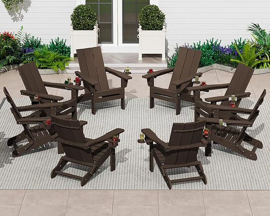 SERWALL Modern Adirondack Chairs Set of 2, Folding Adirondack Chair with Cup Holders, Outdoor HDPE Adirondack Chair for Patio Lawn Garden, Coffee