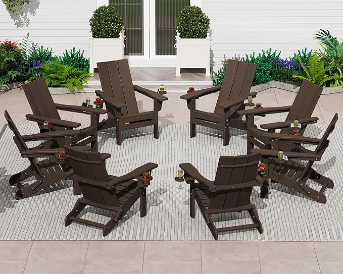 SERWALL Modern Adirondack Chairs Set of 6, Folding Adirondack Chair with Cup Holders, Outdoor HDPE Adirondack Chair for Patio Lawn Garden, Coffee
