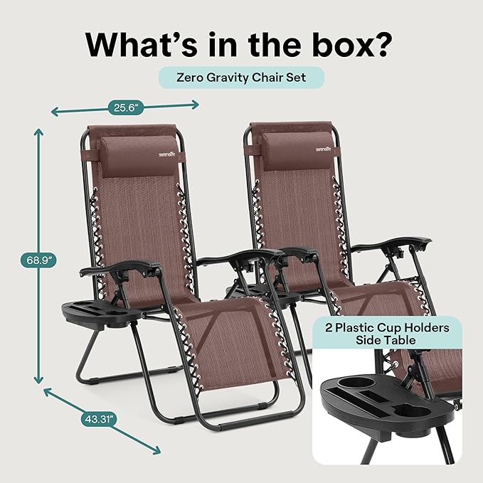 SereneLife Set of 2 Adjustable Steel Mesh Zero Gravity Lounge Chair Recliners w/Pillows and Cup Holder Trays - Brown