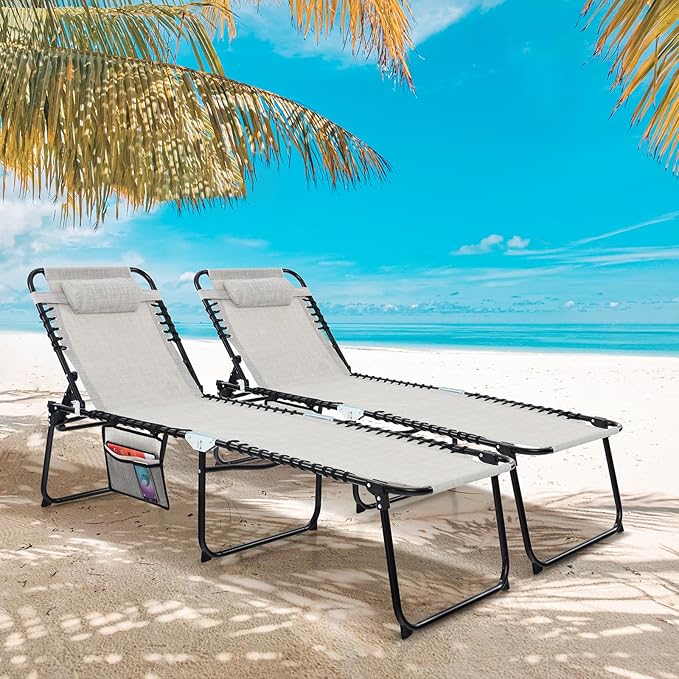 Goplus Chaise Lounge Chair Outdoor, Folding 5-Postion Beach Lounger with Detachable Pillow, Side Pocket - Photo 2