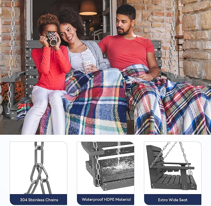 KINGYES Outdoor Hanging Patio Swing Chair Set of 2, 2 Seat Bench with Cup Holders, Waterproof for Courtyard & Garden - Photo 4