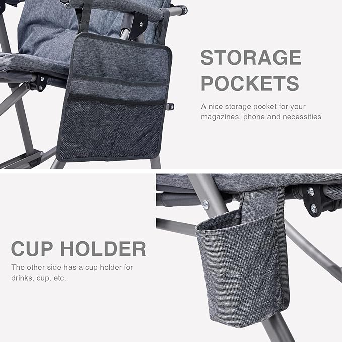 EVER ADVANCED Oversized Folding Rocking Camping Chairs Set of 2, Padded Portable Rocker Chair for Patio, Lawn and Outdoors, Heavy Duty Hard Armchair for Adults Supports 400lbs, Grey