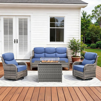 Luxury High Back Patio Furniture Set with 6-Inch Thick Cushions, 4-Pieces Outdoor Furniture with Swivel Chairs, Wicker Conversation Set for Porch, Balcony, Deck and Yard, Grey/Blue