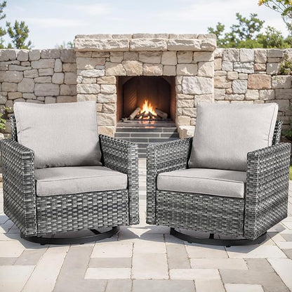 Outdoor Patio Swivel Rocker Chairs - Wicker Patio Swivel Rocking Chairs Set of 2 with Waterproof Wicker,Comfortable Cushions and Sturdy Metal Frame for Outside Porch Deck Backyard(Mixed Grey/Beige)
