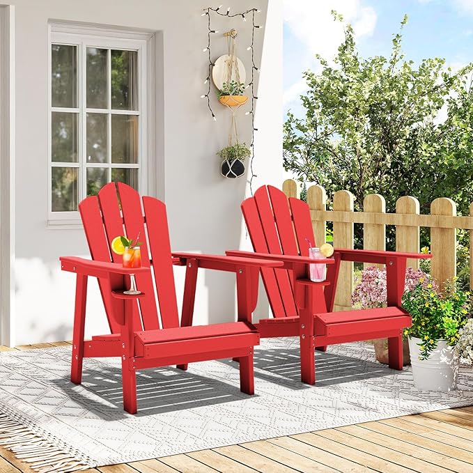 PROHIKER Adirondack Chair with Cup Holder, HDPE Outdoor Patio Chair All Weather Outdoor Chairs for Lawn Garden Porch Backyard, Plastic, Red