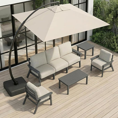 HDPE Patio Furniture Set with Cantilever Umbrella, Outdoor Couch with Washable Thick Beige Cushions & Tables, Outdoor Sectional Furniture for Deck, Lawn, Porch (Gray Frame)