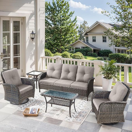 5 Pieces Wicker Patio Furniture Set-Outdoor Swivel Rocker Patio Chairs Patio Sofa Set with Tempered Glass Top Outdoor Coffee Table for Deck Lawn Porch Balcony Poolside-Brown/Beige