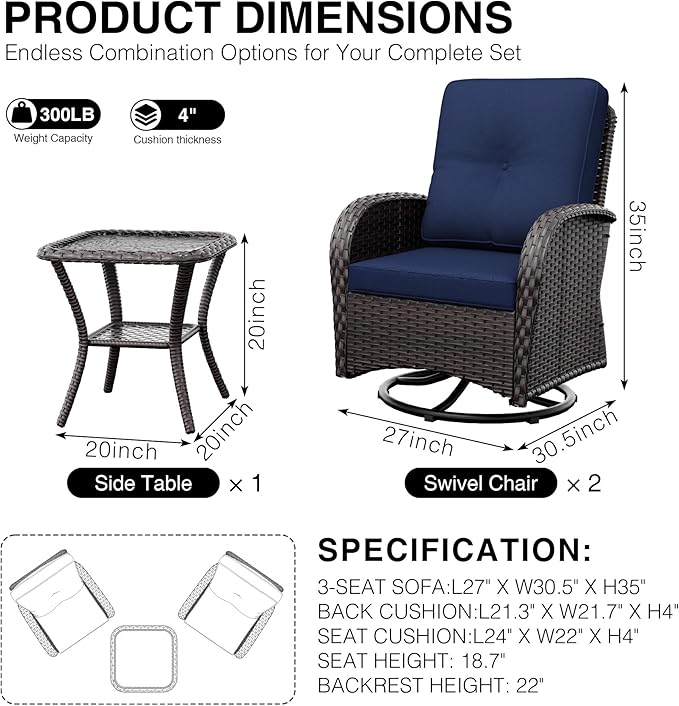Joyside Outdoor Swivel Rocker Chairs, 3 Piece Wicker Patio Set with Thickened Cushions, High Back, Deep Seating - Photo 3
