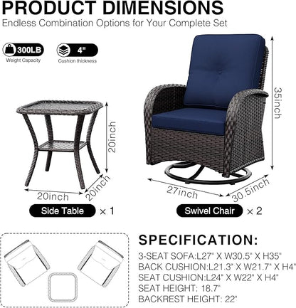 Joyside Outdoor Swivel Rocker Chairs, 3 Piece Wicker Patio Set with Thickened Cushions, High Back, Deep Seating, Wide Armrest, Outdoor Swivel Chairs for Porch, Deck