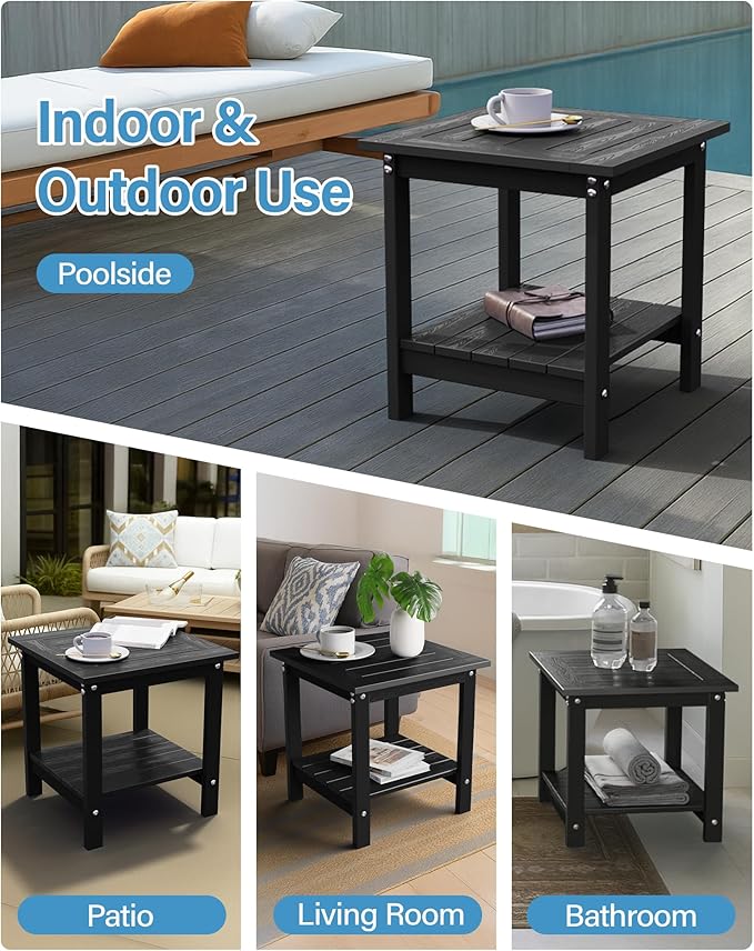 YEFU Outdoor Side Table for Patio: 16x16 in HIPS Square Outdoor End Table - 2-Tier Adirondack Tables for Patio Porch Poolside Living Room Beach Bedroom, Black