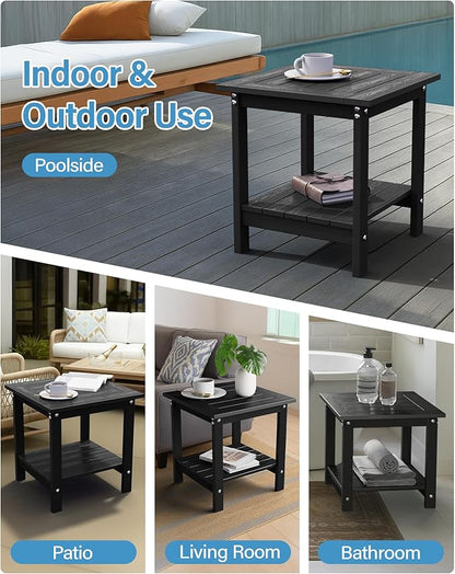 YEFU Outdoor Side Table for Patio: 16x16 in HIPS Square Outdoor End Table - 2-Tier Adirondack Tables for Patio Porch Poolside Living Room Beach Bedroom, Black