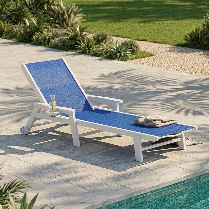 Patio Chaise Lounge Chair with Wheels & Cup Holder, HDPE Textilene Outdoor Lounge Chair 5 Positions Adjustable for Poolside Deck Patio Backyard (2, White Frame, Royal Blue Textilene)