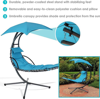 Sunnydaze Floating Chaise Lounger Swing Chair with Umbrella Canopy - Curved Steel Hammock Lounge Chair with Cushion and Pillow - Removable Cushion and Umbrella Shade - 82-Inch Tall - Teal