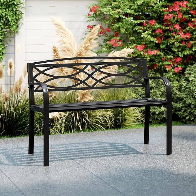 Giantex Outdoor Bench, 45.5” Patio Garden Bench with Backrest, Curved Armrests, Heavy-Duty Metal Frame, Slatted Seat, Outside Patio Seating Furniture for Backyard, Poolside, Porch, Park