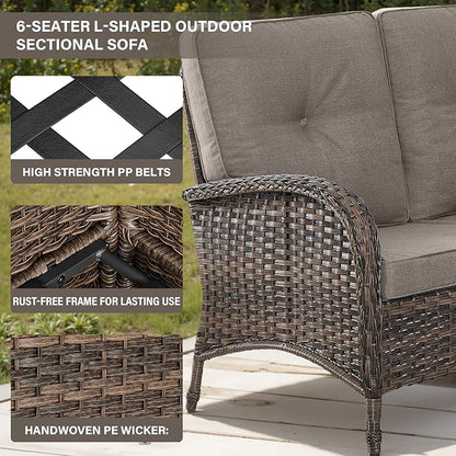 Belord 6-Seater Outdoor Sectional Sofa L Shaped Couch Patio Conversation Furniture Set, PE Wicker Patio Sectional Sofa with Removable Gray Cushion for Deck Backyard Sunroom