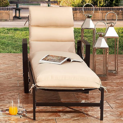 PatioFestival Patio Lounge Chair Cushioned Chaise Lounger Outdoor with Adjustable Back 3.1" Thickness Long Cushion All Weather Frame(Khaki)