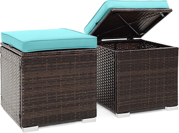 Tangkula 2 Pieces Patio Ottomans, Patiojoy Hand-Woven PE Rattan Side Table with Removable Cushion & Hidden Storage Space - Photo 1