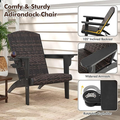 Tangkula Patio Wicker Adirondack Chair, HDPE Lounge Chair w/Rattan Padded Seat & Back, Wide Armrests & Hidden Cupholder, Outdoor All-Weather Adirondack Fire Pit Chair for Backyard, Lawn (1, Black)