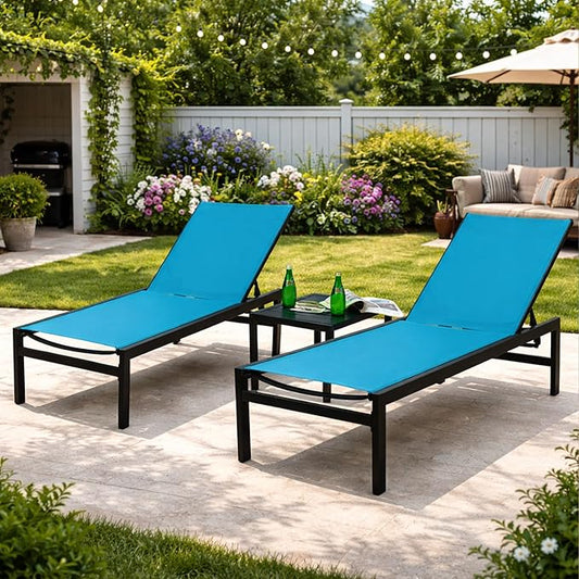 Kozyard 3Pieces Outdoor Chaise Lounge, Aluminum Frame and Textilene Fabric, Adjustable Reclining Patio Lounger for Poolside, Sunbathing & Backyard (Blue, 2Chairs with Table)