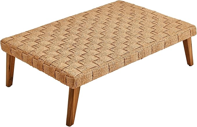 Modway Thames Wicker Rattan Outdoor Coffee Table in Natural - Low-Profile Rectangle Patio Table - Weather Resistant Outdoor Wicker Coffee Table with Acacia Wood Legs for Deck, Pool, Balcony, Garden