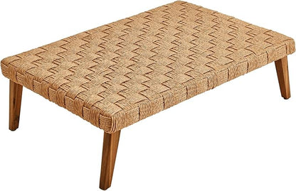 Modway Thames Wicker Rattan Outdoor Coffee Table in Natural - Low-Profile Rectangle Patio Table - Weather Resistant Outdoor Wicker Coffee Table with Acacia Wood Legs for Deck, Pool, Balcony, Garden