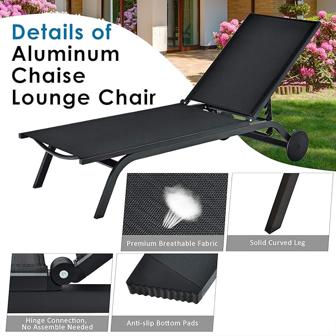 Tangkula Outdoor Aluminum Chaise Lounge, Patio Lounge Recliner Chair w/6 Adjustable Backrest - Photo 7
