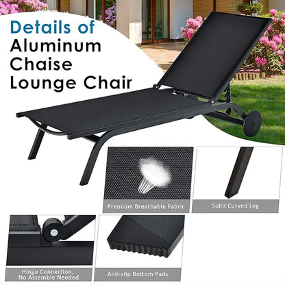 Tangkula Outdoor Aluminum Chaise Lounge, Patio Lounge Recliner Chair w/6 Adjustable Backrest, Reclining Chaise Chair with Wheels for Beach, Yard, Balcony, Poolside (1, Black)