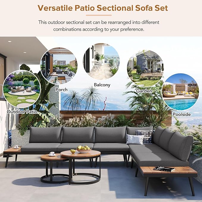 Modern Outdoor Sectional Sofa Set with Round Nesting Coffee Tables and Cushions, 6-Piece Patio Furniture Set for Porch - Photo 8