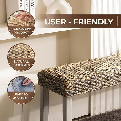Solid Wood Acacia Indoor Bench with Natural Woven Seat, Wood Bench for Living Room or Entryway, Vintage Bench (Fishbone Style, Water Hyacinth) (Plait Style - Grey Leg, Water Hyacinth)