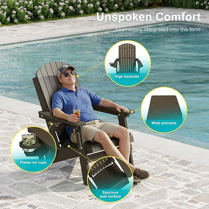 HDPE Foldable Adirondack Outdoor Chair Set of 4 with Cup Holder, Weather Resistant Heavy-Duty Patio Chair for Patio, Backyard, Deck, Fire Pit, Lawn and Porch, Brown