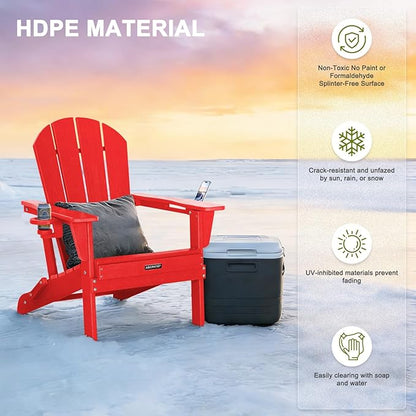 Folding Adirondack Chair with Dual Cup Holders, All-Weather HDPE Patio Chair Deck Chairs Outdoor, Fire Pit Chairs for Garden, Lawn, Poolside, Backyard, Pool - Red (Wood-Look)