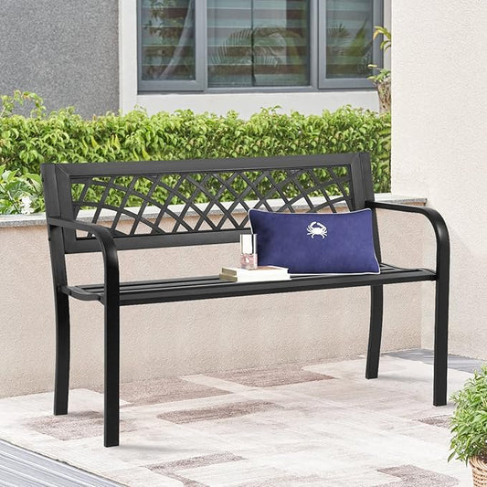 YRLLENSDAN Outdoor Bench 45in Metal Garden Bench All Weather Patio Bench for Outdoors with Backrest and Armrest for Patio, Park, Lawn, Deck w/Mesh Pattern Accent, Antique Finish - Black