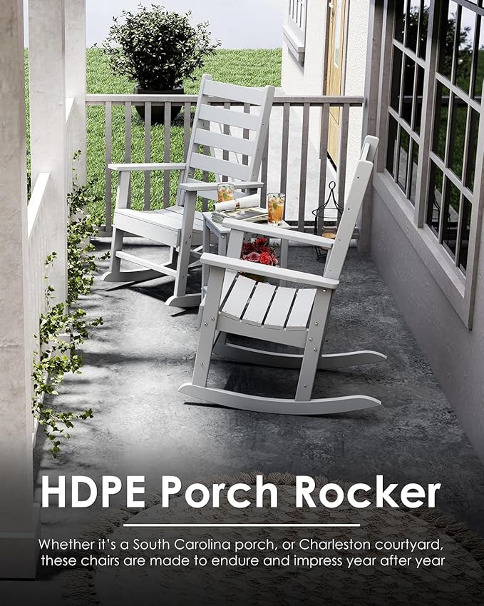GREENVINES Outdoor-Rocking-Chairs-Set-of-2 | HDPE Plastic | Patio Rockers | Porch Rocker Chair | Shaker | Oversized | High Ladder Back | Big & Tall | PentaLuxe | White
