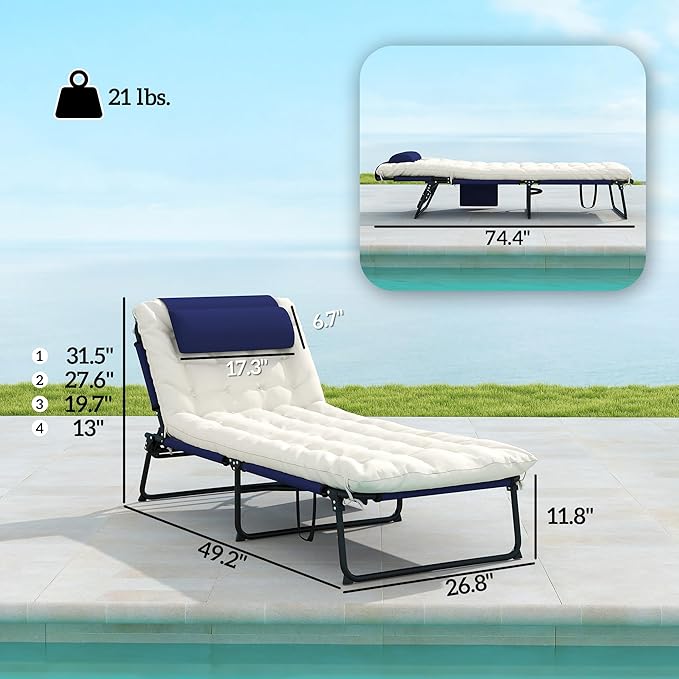 Outsunny Folding Chaise Lounge with 4-Level Reclining Back, Outdoor Tanning Chair with Cushion, Outdoor Lounge Chair with Breathable Mesh Fabric, Side Pocket, Headrest, Navy Blue