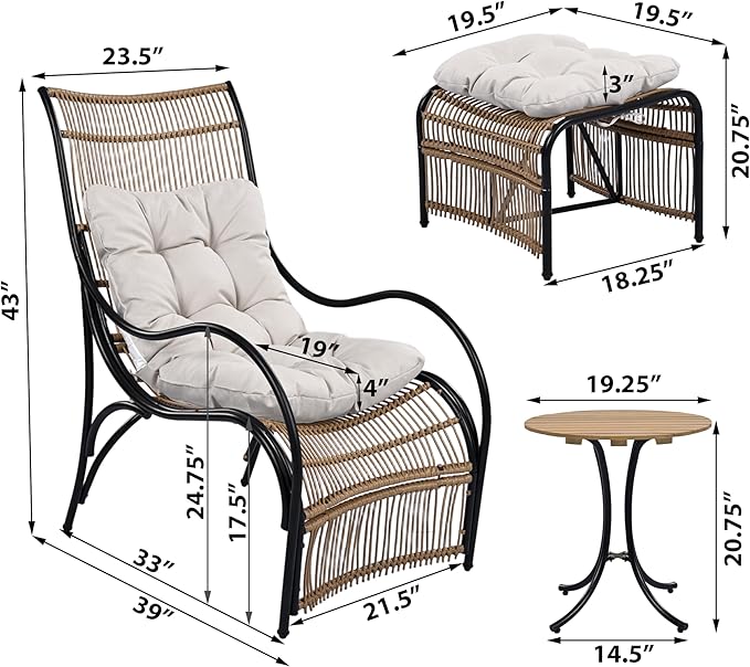 Christopher Knight Home Hanley Patio Wicker Lounge Chair with Ottoman Footrest+Coffee Table, 3-Piece Outdoor Furniture Set for Porch/Balcony/Deck/Backyard, Metal Frame+Soft Cushions,Beige+Black+Brown