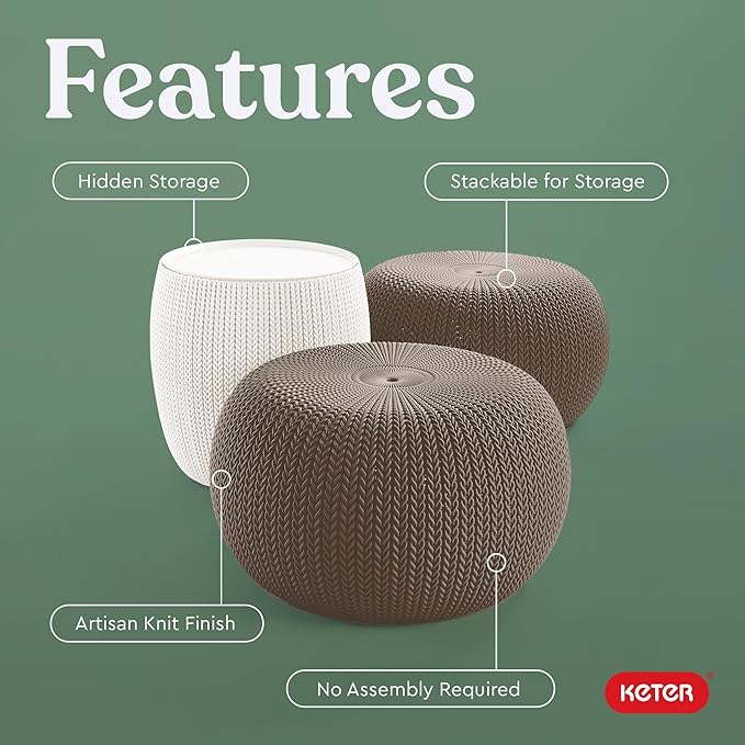 KETER Urban Knit Pouf Ottoman Set of 2 with Storage Table for Patio and Room Décor-Perfect for Balcony, Deck - Photo 5