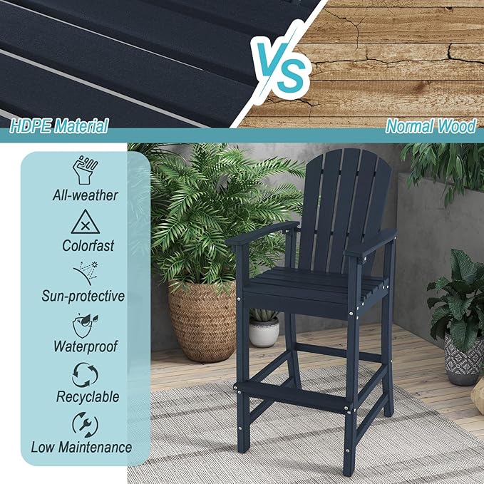 Giantex HDPE Outdoor Bar Stools - All Weather Tall Adirondack Chair with Armrest, Footrest, Load 360Lbs, 30-Inch Counter Height Bar Stool for Patio, Garden, Yard, Indoor Or Outdoor Use (1, Navy)
