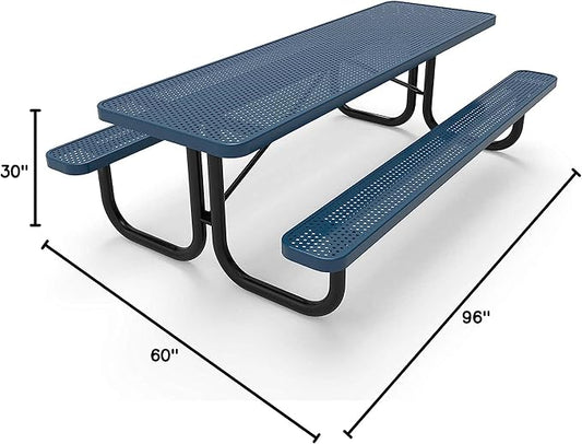 COATEDOUTDOORFURNITURE Heavy-Duty Portable Outdoor Picnic Table, Thermoplastic Coated Punched Steel Commercial-Grade Patio Dining Furniture Made in America (8ft Rectangular, Light Blue)