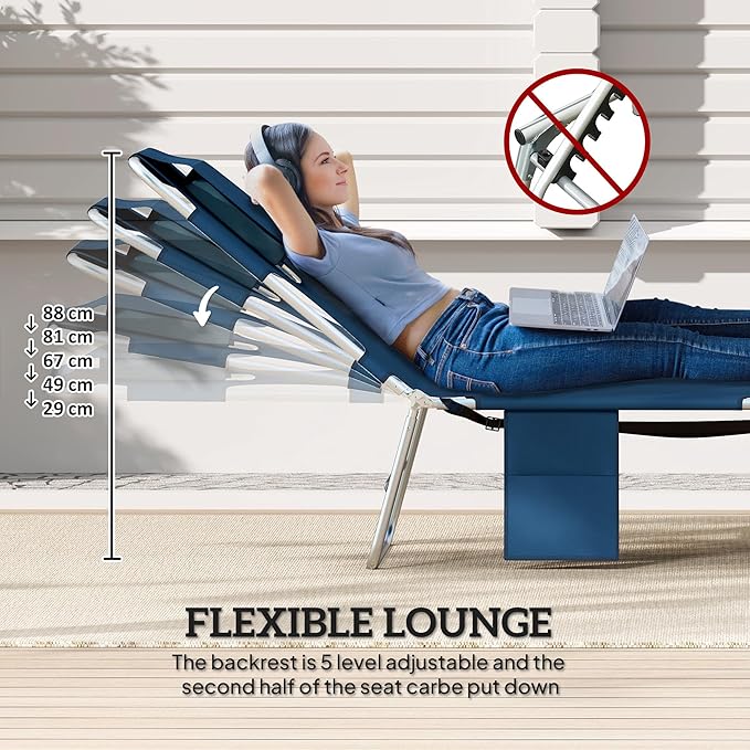 Outsunny Chaise Lounge Chair Outdoor Set of 2 with Face Arm Hole, 5-Position Reclining Face Down Tanning Chair with Carry Strap, Side Pocket, Portable Folding Bed Cot for Patio Beach Pool, Dark Blue