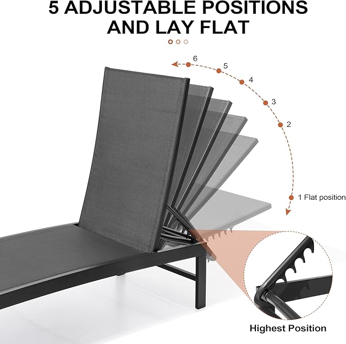 Crestlive Products Aluminum Adjustable Chaise Lounge Chair Five-Position and Full Flat Outdoor Recliner All Weather for Patio, Beach, Yard, Pool (1PC Black)