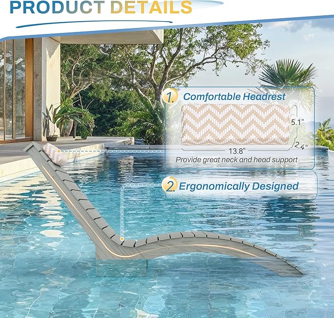 Pool Lounge Chairs Outdoor Set of 2，HDPS Long Pool Chairs for in Pools, Weighted All Weather Tanning Chair with Headrest，Chaise Lounge for Outside Beach Patio Sun Bathing Hotel, Gray