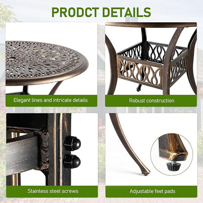 Outvita Patio Side Table, 35.4in Outdoor Round Cast Aluminum Bistro Table with Umbrella Hole and Antique Design for Backyard Porch Pool Balcony Deck Bronze