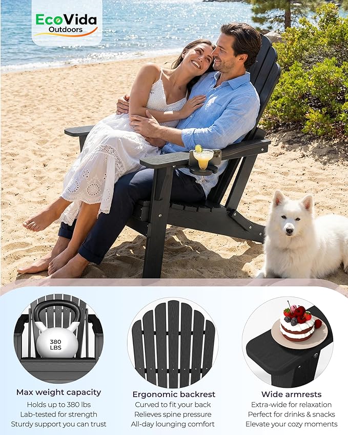 Oversized Adirondack Chair with Dual Cup Holders, Ergonomic High Back HDPE Fire Pit Chair, 380lbs Capacity All-Weather Outdoor Patio Lounge Chair for Garden, Deck, Yard - Black