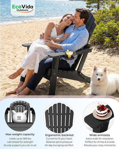 Oversized Adirondack Chair with Dual Cup Holders, Ergonomic High Back HDPE Fire Pit Chair, 380lbs Capacity All-Weather Outdoor Patio Lounge Chair for Garden, Deck, Yard - Black