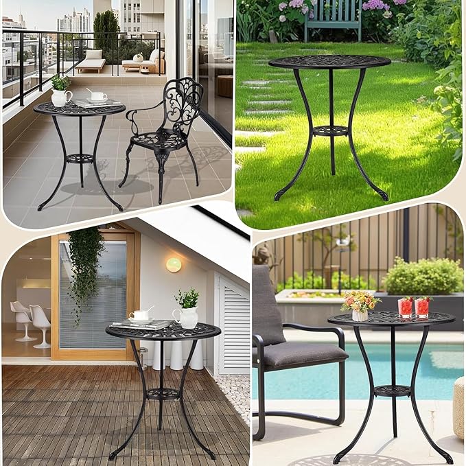 23.5 Inch Small Round Patio Bistro Table, Weatherproof Outdoor Coffee Table with Umbrella Hole & Vintage Floral Pattern - Photo 6