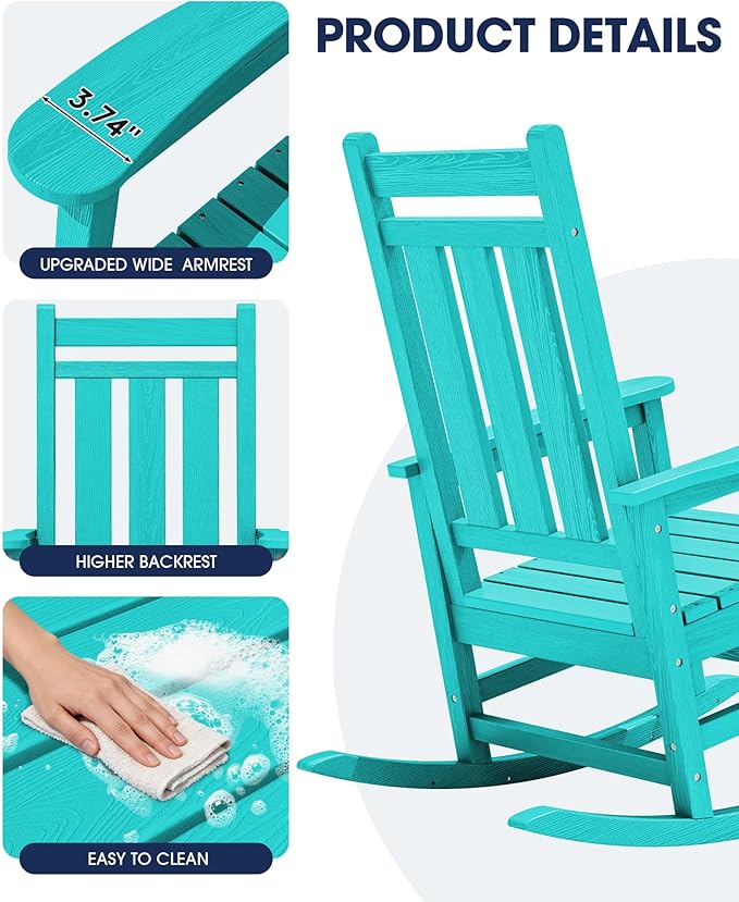 KINGYES Oversized Outdoor Rocking Chair, All-Weather Patio Rocking Chairs for Porch, HDPE Outdoor Patio Rockers with High Back & Wide Seat for Garden, Lawn, Aruba
