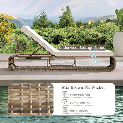 Tangkula Outdoor Chaise Lounge Chair, 7-Position PE Wicker Patio Reclining Sun Lounger with Adjustable Backrest, Cushion and Storage, Pool Sunbathing Recliner for Poolside, Backyard (1, Off White)
