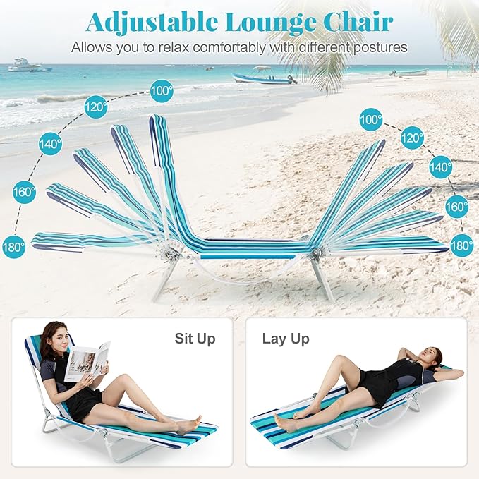 GYMAX Tanning Chair, 2Pcs Folding Beach Chairs with Adjustable Backrest, Footrest, 330lbs Capacity & Shoulder Strap, Portable Layout Sunbathing Loungers for Outside, Patio, Poolside (Blue Stripe)
