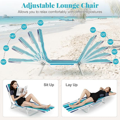 GYMAX Tanning Chair, 2Pcs Folding Beach Chairs with Adjustable Backrest, Footrest, 330lbs Capacity & Shoulder Strap, Portable Layout Sunbathing Loungers for Outside, Patio, Poolside (Blue Stripe)