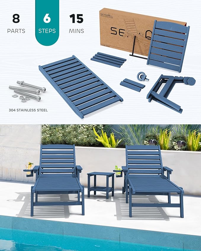 SERWALL Patio Chaise Lounge Chair Set of 2, 78'' Long 5-Positions Adjustable HDPE Outdoor Lounger for Pool - Photo 6